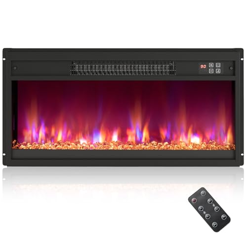 COSTWAY Chimenea Eléctrica Empotrable 1500W, Chimenea Decorativa con 8 Colores de Llama, Mando a Distancia, Temporizador, Termostato, Temperatura 17-32°C, Cobertura 37 m² (26 Pulgadas)