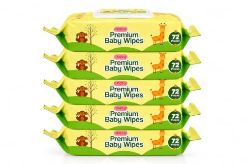 Image of Happy Premium Baby Wipes Export Quality with Aloe Vera & Vitamin E Alcohol-Free, Dermatologically Safe & pH Balanced | Gentle Skin Care for Newborns & Toddlers | Flip-Top Lid for Lasting Moisture (5, 72 count (Pack of 5))