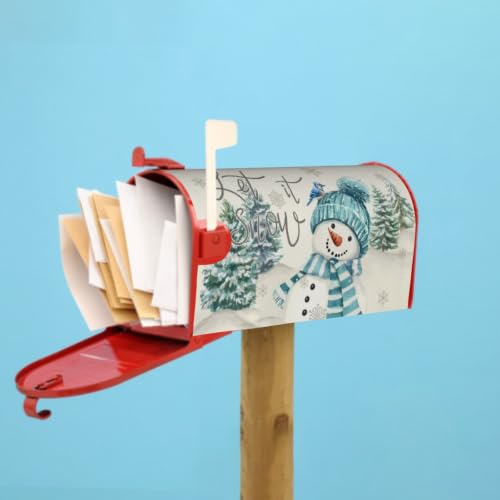 Image of Blue Snowman Mailbox Cover Magnetic- 25.5x21 Inch Large Size- Winter Pine Tree Bird Xmas Snowflake Waterproof Mailbox Wrap Post Cover for Yard Garden Outside Ourdoor Decor