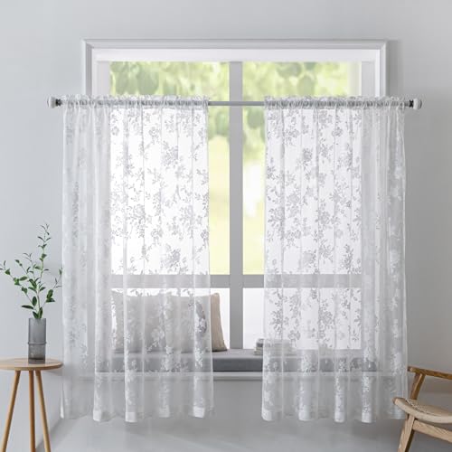 Scheibengardine Bistrogardine Weiß Halbtransparente Vorhänge, 2er Set Bistrogardine Voile Transparent Kurzstores Voile Gardine Mit Schlaufen, Privatsphäre Fenstervorhang Deko (Stil D, 65Bx90H(CM))