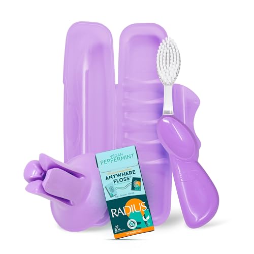 RADIUS Vacation Pastel Bundle, Includes Right Handed Big Brush with Replaceable Head, Toothbrush Travel Case, DOC Toothbrush Holder, Anywhere Travel Floss Packette, Lavender Purple, 4 Piece Bundle