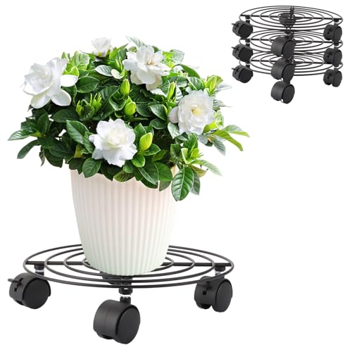 GBACHOOSE 4 Stück Pflanzenroller Rund, Blumenroller Metall 27cm, Pflanzenroller Outdoor Wetterfest, Blumentopf Untersetzer mit Rollen, Rollbrett Pflanzen für Grünzeug, Topfpflanzen, Schwere Objekte