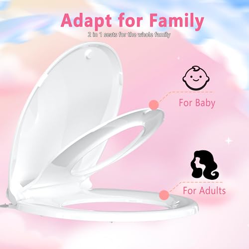 Image of Aunsffer Toddler Toilet Seat with Potty Training Seat Round 16.5inch, 2 in 1 Toilet Seat for Family Built-in Baby Seat Removable, Soft Close + Easy Clean, PP Safe Material, White