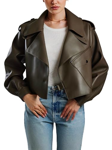 BRIXWEAR Women's Classic Genuine Leather Olive Green Cropped Stylish Lapel