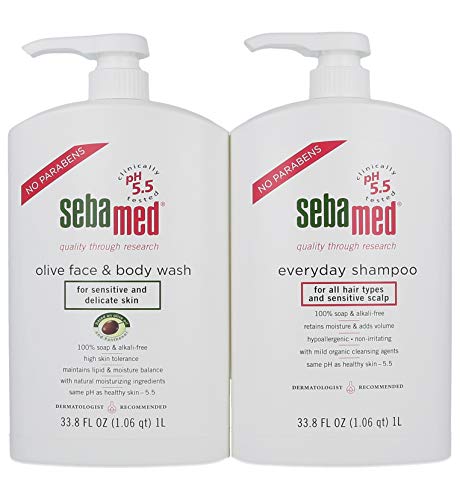 Sebamed Shampoo + Body Wash - 1 Liter Olive Face and Body Wash and 1 Liter Everyday Shampoo Value Pack (Olive Wash + Liter Shampoo)