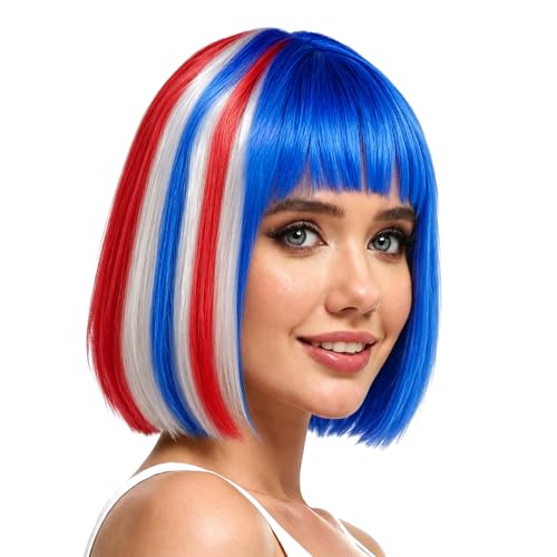 Rose bud Blue Red White Bob Wig with Fringe 12 Inch Short Straight Colorful Costume Wigs for Women Cosplay Party Halloween
