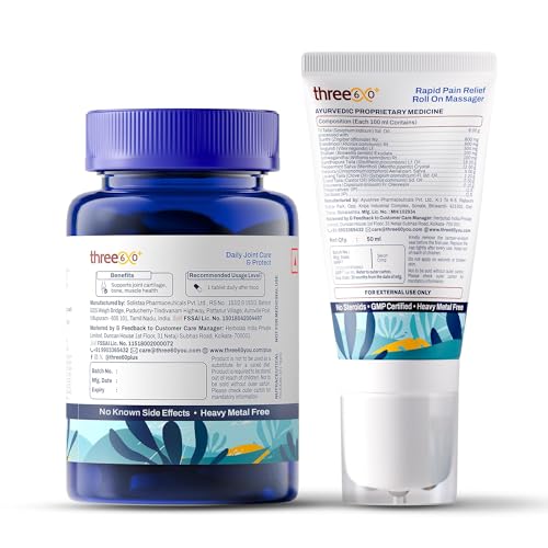 three60+ Pain Relief RollOnMassager & Daily Joint Care Combo | Improves Bone Density, Promotes Cartilage Repair, Provides Immediate & Long-Lasting Pain Relief | Non-Habit Forming