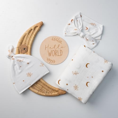 Image of Miaoberry Organic Muslin Swaddle Blanket and Hat Set – Moon and Stars Nursery Decor – Sun & Moon Baby Hospital Receiving Outfit for Birth Announcement, Newborn Photography