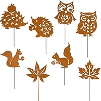 WVWMYM 8er Gartenstecker Herbstdeko Outdoor, 25cm Beidseitig Gartenstecker Rost mit Lgel Ahornblatt Eichhörnchen Eule Herbst Dekoration Metall Gartendeko für Draußen Gärten Rasenflächen Pflanzgefäße
