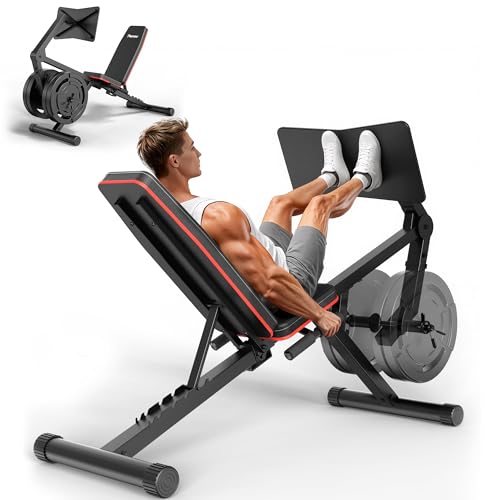 PASYOU Leg Press Machines for Home Gym Adjustable Weight Bench with Leg Extension Machine Leg Workout Equipment Compatible with 1 and 2 Weight Plates
