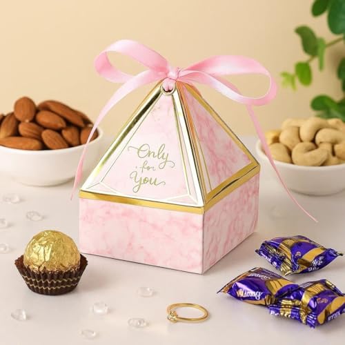Image of SATYAM KRAFT 20 Pcs Small Diamond Shape Paper Folding Gift Boxes with Ribbon | Premium Return Gift Boxes for Wedding, Birthday, Engagement, Baby Shower, Chocolate & Dry Fruit Packaging (Pink)