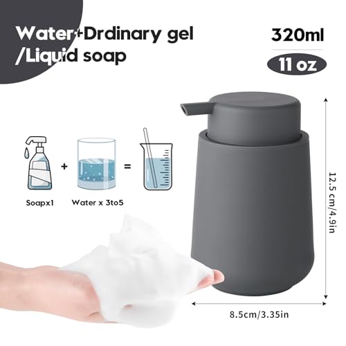 Image of YAUKPH Matte Gray Foaming Hand Soap Dispenser Plastic 11 oz - Modern Minimalist Style for Bathroom & Kitchen Countertop Refillable