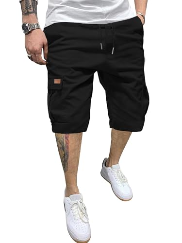 PLEPAN Mens Casual Cargo Shorts Classic Stretch Waist Drawstring Hiking Joggers Work Shorts with 6 Pockets US (38) XL Black