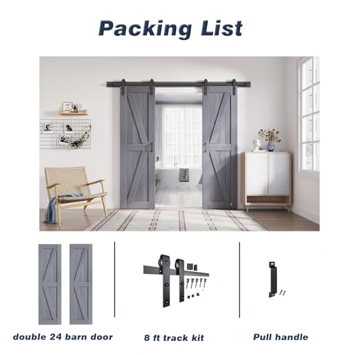 Image of FREDBECK Double 24x84 Wood Barn Doors, Grey,Fit 44 inch-46 inch Opening,K Frame