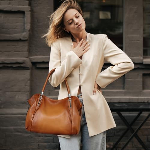 Image of HESHE Leather Shoulder Purses for Women Tote Handbags Satchel Hobo Handbag | Designer Genuine Leather Travel Top Handle Work Bag Ladies Crossbody Purses Adjustable Straps Large Capacity Zippered Closure