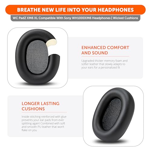 Image of WC PadZ XM6 XL - Extra Large Replacement Ear Pads Compatible with Sony WH-1000XM6 by Wicked Cushions | Bigger Ear Opening, Enhanced Comfort & Sound Isolation | Black