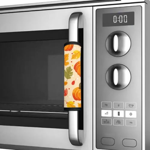 Image of Dreaweet Pumpkin and Maple Leaf Print Refrigerator Door Handle Covers Fall Kitchen Decor Fridge Handle Covers Set of 4 Washable Universal Fit Oven Microwave Dishwasher