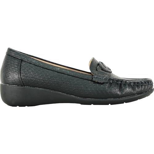 Image of KOZI Women Comfort Casual Wedge Shoe Slip-On Loafer ML Collection Round Toe Penny Loafer Removable Insole Black Champagne