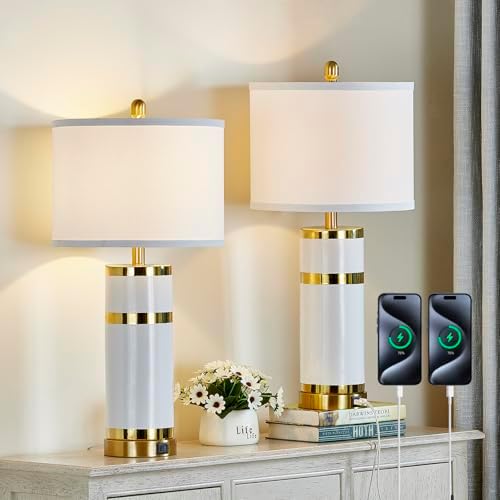 28" Ceramic Table Lamps Set of 2 - Gold-Plated Bedside Lamps for Bedroom image 4
