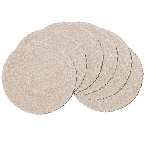 Image of SHACOS Round Braided Placemats 15 inch Set of 6 Thick Boho Kitchen Table Placemats for Home Wedding Party (T-Beige, 6)