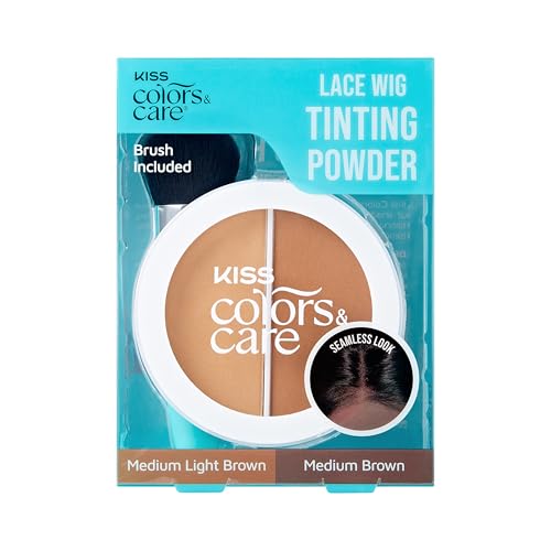 Kiss Colors & Care Lace Wig Tinting Powder & Brush 2 Brown Shades Oil Control Formula Matte Finish Vegan Cruelty Free Hyaluronic Acid & Coconut Extract Infused 8g (0.28 oz.) - Light Duo