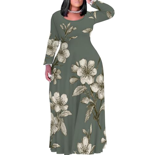 Image of PinkPatty Plus Size Maxi Dress for Curvy Women Crew Neck Long Sleeves Casual Dress Vacation Sundresses with Pockets