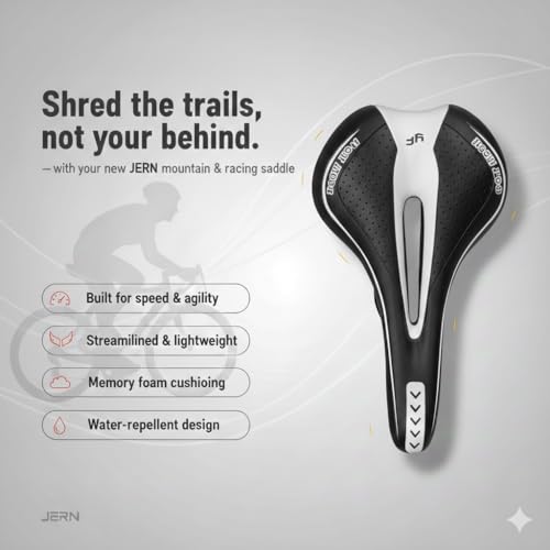 Image of JERN Ergonomic Bicycle Saddle, Memory Foam Comfort Bike Seat with Airflow Vent, Shock Absorption, Anti-Slip Design for MTB, Road, Cycle (White)