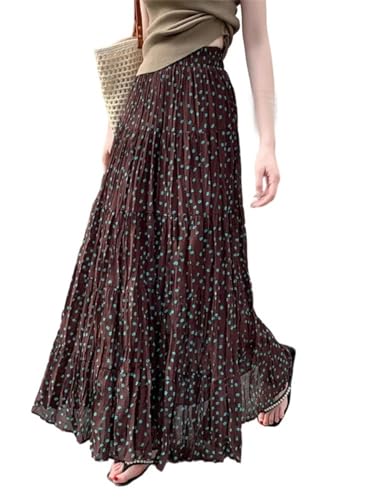 Women High Elastic Waist Boho Floral Pleated Skirt Summer Thin Breathable Midi Skirts