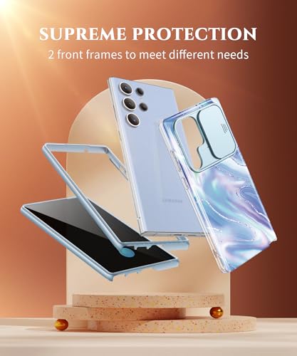 Image of GVIEWIN for Samsung Galaxy S23 Ultra Case, [Slide Camera Cover & Built-in Anti-Spy Privacy Screen Protector] [2 Front Frames] Shockproof Military Grade Marble Phone Case for S23 Ultra 6.8 inch (Aurora)