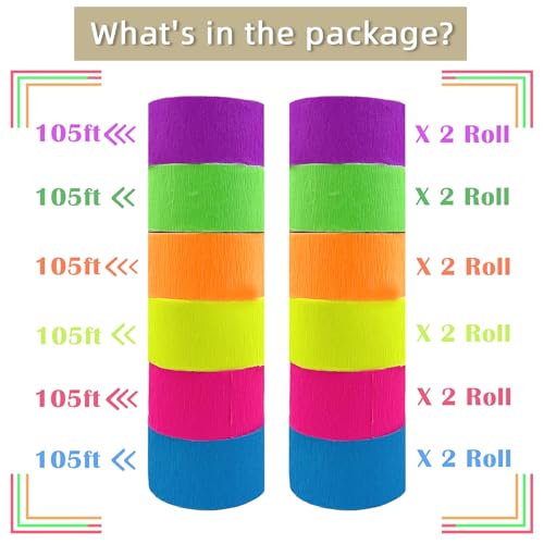Image of 1260feet Glow in The Dark Neon Paper Streamers Blacklight Party Neon Streamer Decorations 12 Rolls Glow Crepe Paper UV Reactive Fluorescent Neon Fiesta Glow Party