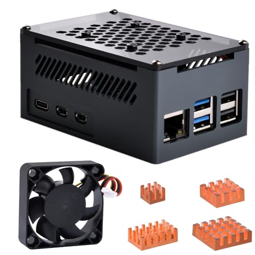 Carcasa de aluminio para Raspberry Pi 5 con ventilador de 40 mm y disipadores GeeekPi
