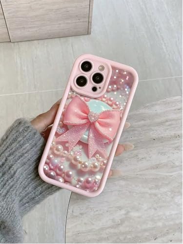 Image of COVERLY Cute Necklace Bowknot Back Case Cover for iPhone 12 Pro | Hot Pastel Pink Ribbon Bow Pearl Design | Camera Lens Protection | Soft Silicone Aesthetic Cover for Girls & Women (Pink, Shockproof)