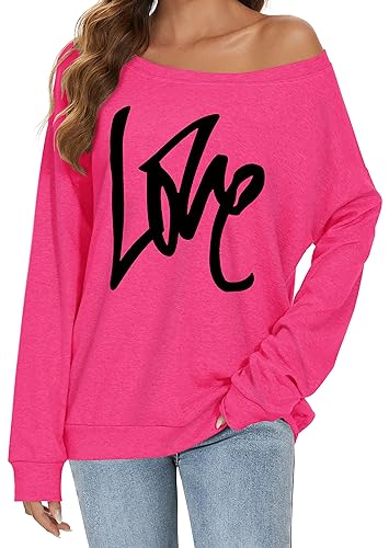 Gosunny Schulterfreies Oberteil Damen Langarm Pullover Lässige Sweatshirt Causal Elegant Bluse (01 Rosa, M)
