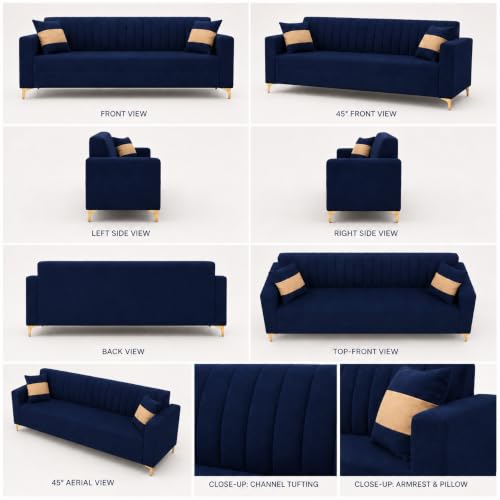 Image of FURNY Signature Regalia 3 Seater Sofa Set | Boston Fabric | 40D Foam + Zigzag Spring | 3-Yr Warranty (Midnight Blue & Warm Beige) | Modern Living Luxury Sofa Set for Home, Office & Hotel Spaces