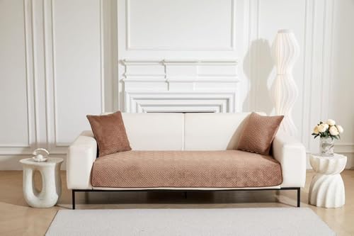 Image of HOMETHREADS Innovative Premium Velvet Sofa Cover Mat with PVC Backing for Non-Slip Comfort | (Brown Vrsh, 2 Seater Small | 70x120cm)