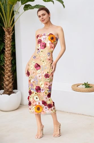 3D Floral Embroidery Prom Dresses for Women Long Strapless Flower Appliques Tulle Formal Evening Party Gowns3