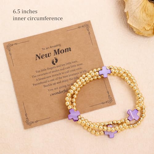 Rainbow Mom Cross Stack Bracelets Set for Women, 3Pcs Handmade Gold Beaded Stretch Bracelet Everyday Fashion Jewelry Gift.3