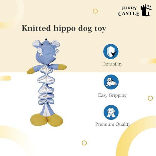 Image of Knitted Hippo Dog Toy 100% Polyester with Crinkle and Squeakers- Blue