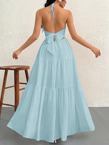 Image of Narecte Women's Maxi Summer Dresses Halter V Neck Beach Dresses for Women A-Line Casual Dress for Vacation