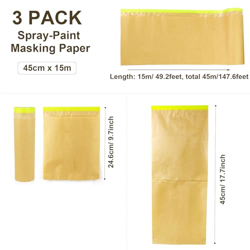 Image of BOMEI PACK 3 Rolls Pre-Taped Masking Paper for Painting - 18 inch x 50 feet Painters Paper, Tape and Drape Waterproof for Painting Protection Covering