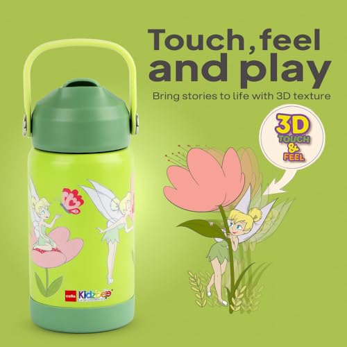 Image of CELLO Kidzbee Gen Alpha Stainless Steel Kids Flask Water Bottle 370ml | 3D Tinker Bell Touch & Feel Design, Leakproof Lightweight Easy to Carry Hot and Cold Kids Flask Water Bottle For School & Travel