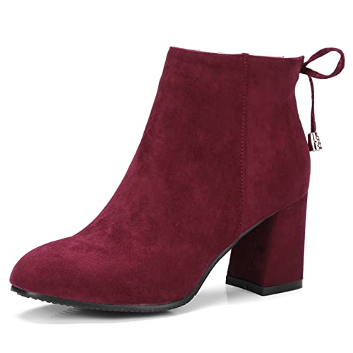 OALEEN Bottines Femme Vintage Talon épais Suède Chaussures Low Boots Chelsea Hiver Bordeaux Velours 42 Cover