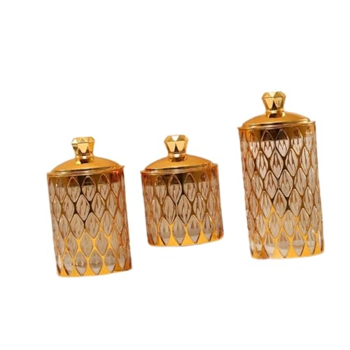 Mupingfenglan 3 Tarros de Cristal para Alimentos con Tapa, Herméticos, Elegantes Y Decorativos, Ideales para Dulces, Té a Granel Y Fiestas, Adorno Dorado, Individual