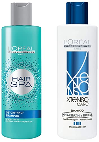Image of L'Oreal Professionnel Xtenso Care Shampoo 250 Ml, For Straightened Hair & L'Oreal Professionnel Hair Spa Detoxifying Shampoo For Oily And Dandruff Prone Scalp With Tea Tree Oil, 250 Ml
