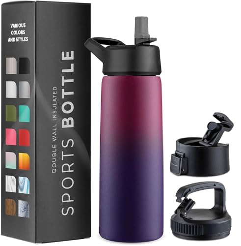 750 ml Isolierflasche aus Edelstahl - Dreifachwandige Trinkflasche mit Strohhalm & 3 auslaufsicheren Verschlüssen - Für Reisen, Schule, Sport, Fitness (Mystisches Lila)