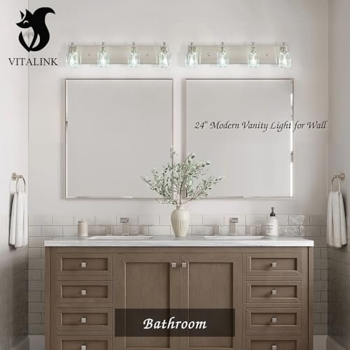 Image of VitaLink Modern Crystal Bathroom Vanity Light 24-Inch Vanity Light Over Bathroom Mirror 4-Light Wide Backplate Wall Light for Bathroom Living Room