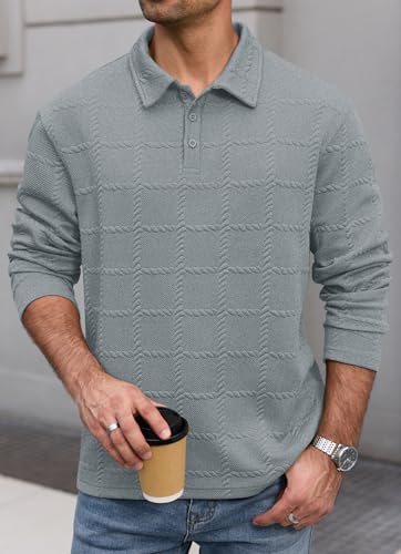 VOGSTART Polo texturizada para hombre con manga larga y botones, talla S-XXL miniatura 4