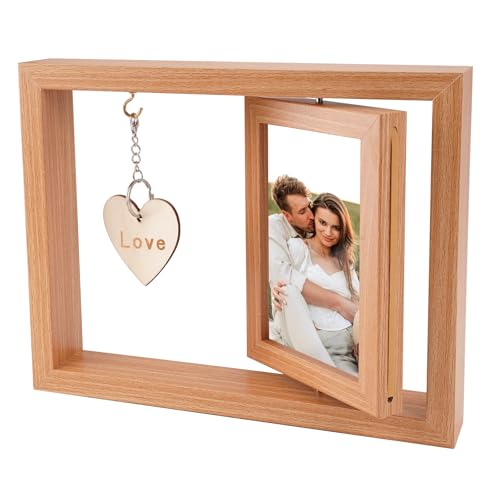 10x15 cm Cadre Photo en Bois Rotatif Double Face, Cadre Photo en Bois avec Pendentif en Forme de Cœur, Cadre de Mariage Rotatif, pour Anniversaires Noël...