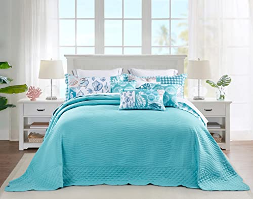 Image of HZ & HY Coastal Oversized King Bedspread, Reversible Beach Pattern Quilt Set King /Cal King, Lightweight Coverlet, Scalloped Edge - Nautical Coastal Look, 6 Piece, Seahorse