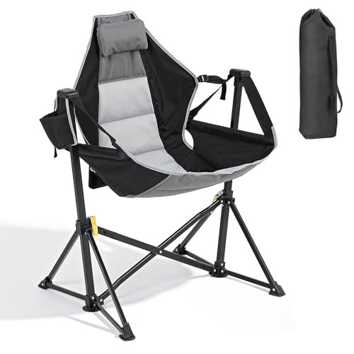 Dovov Hammock Camping Chair, Portable Folding Swinging Chairs with Headrest and Cup Holder, Outdoor Oversized Rocker Seat with Adjustable Back and Metal Frame for Camping, Patio, Garden, Black